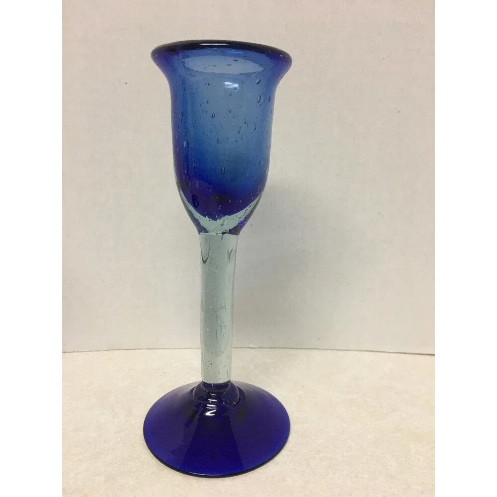2 Hand Blown Cobalt Blue Clear Glass Candle Holders Clear Stemmed